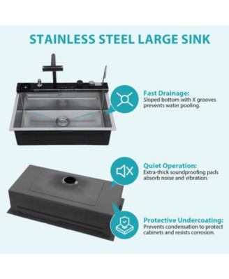 30x19x9inch Smart Waterfall Kitchen Sink Workstation Stainless Steel 16 Gauge with Faucet