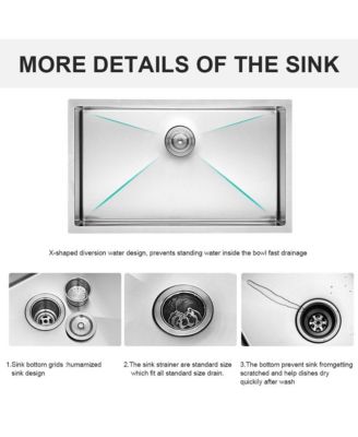 32x19x9inch Undermount Single Bowl Kitchen Sink 16 Gauge 304 Stainless Steel with Drain Assembly No Additional Accessories
