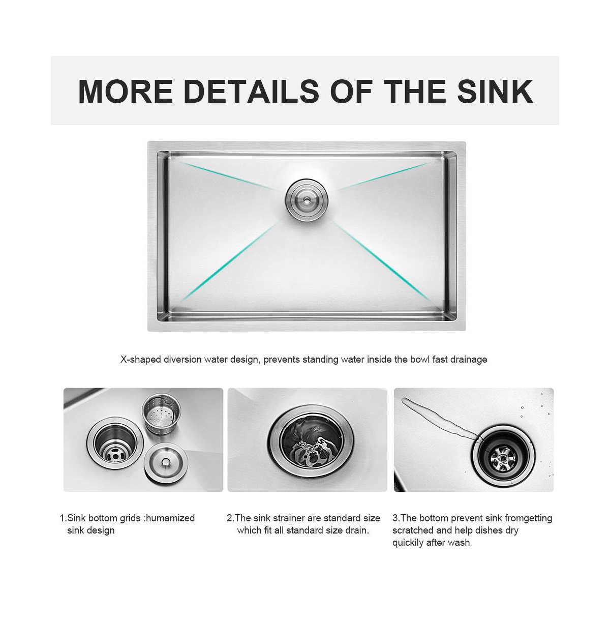 flynama 32x19x9inch Undermount Single Bowl Kitchen Sink 16 Gauge 304 Stainless Steel with Drain Assembly No Additional Accessories