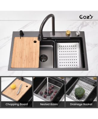 30x22inch Black Waterfall Kitchen Sink Stainless Steel Single Bowl Workstation SSBL12 with Flying rain Faucet Cutting Board