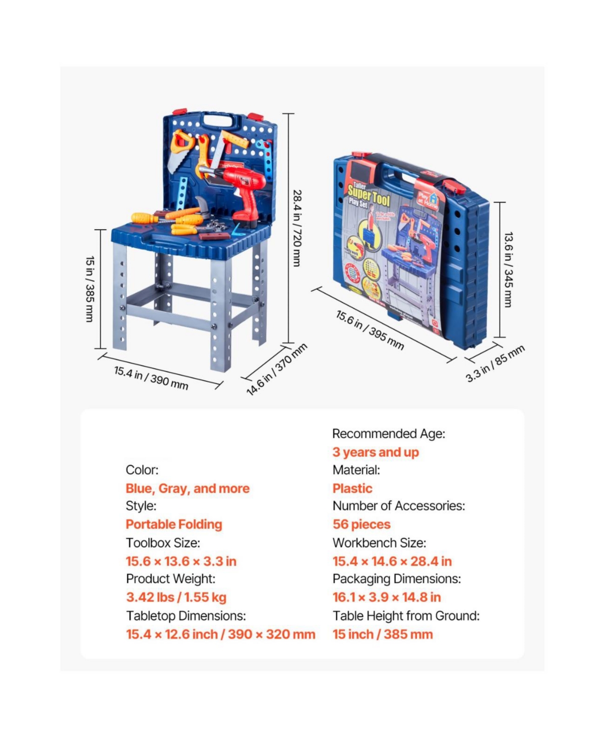 Slickblue Kids Workbench, 56 pcs, Kids Tool Bench with Realistic Tools and Electric Drill, Pretend Play Construction Workbench Toys for Toddlers