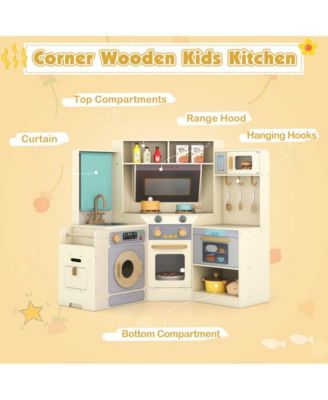 Kids Corner Wooden Play Kitchen with Realistic Cooking Features and Storage