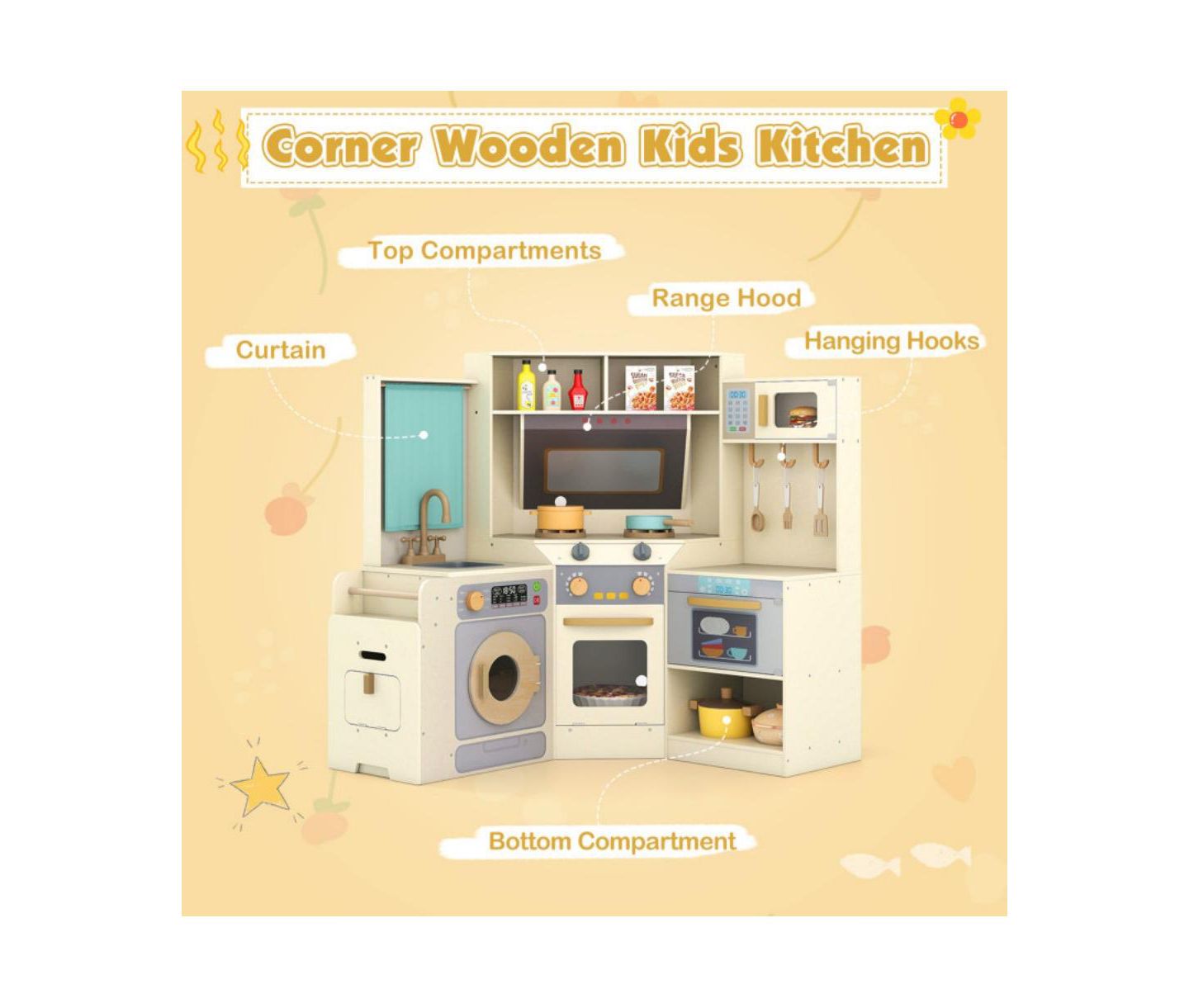 Детская игрушка HONGGE Interactive Wooden Corner Play Kitchen, Ages 3+, цвет: Бежевый / Хаки — фото 9
