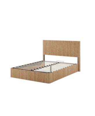 Queen Size Lift-Up Storage Bed Frame with Hydraulic System, Wooden Corrugated Curved Lines.