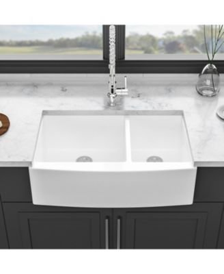 White Ceramic Porcelain 6040 Double Bowl Farmhouse Kitchen Sink with Stainless Steel Accessories