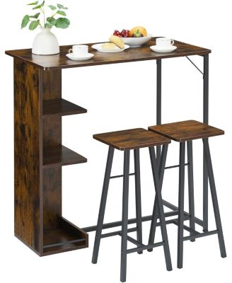Bar Table and 2 Chairs Set, 3 Piece Dining Table Set with 3 Tier Storage Shelves, Wood Counter Height Bar Table and Stools Set