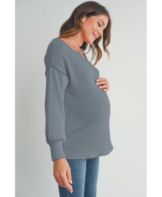 Maternity Ribbed Split Neck Long Sleeve Top