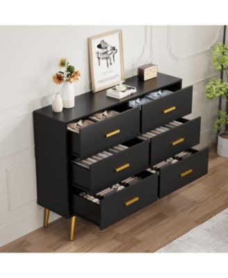 6 Drawer Wooden Dresser with Gold Knobs, Large Storage Chest for Bedroom Living Room or Entryway