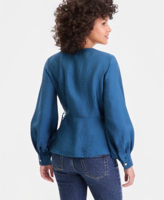 Women's Long Sleeve Textured Wrap Blouse