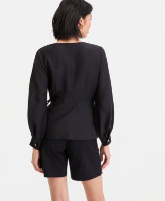 Women's Long Sleeve Textured Wrap Blouse