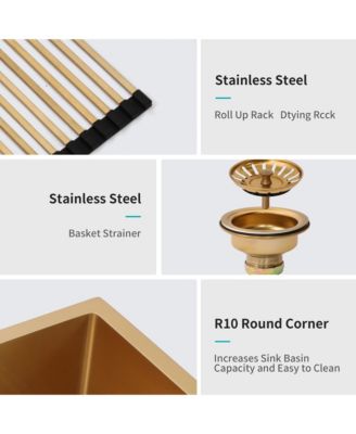 36x21x10 Inch Gold Farmhouse Apron Front Kitchen Sink 16 Gauge T304 Stainless Steel With Dish Grid Drain Assembly Drying Rack