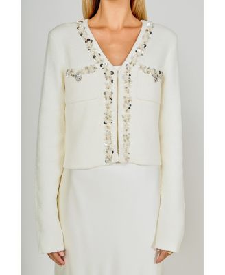 Women's Boucle Knit Jewel Trim Cardigan