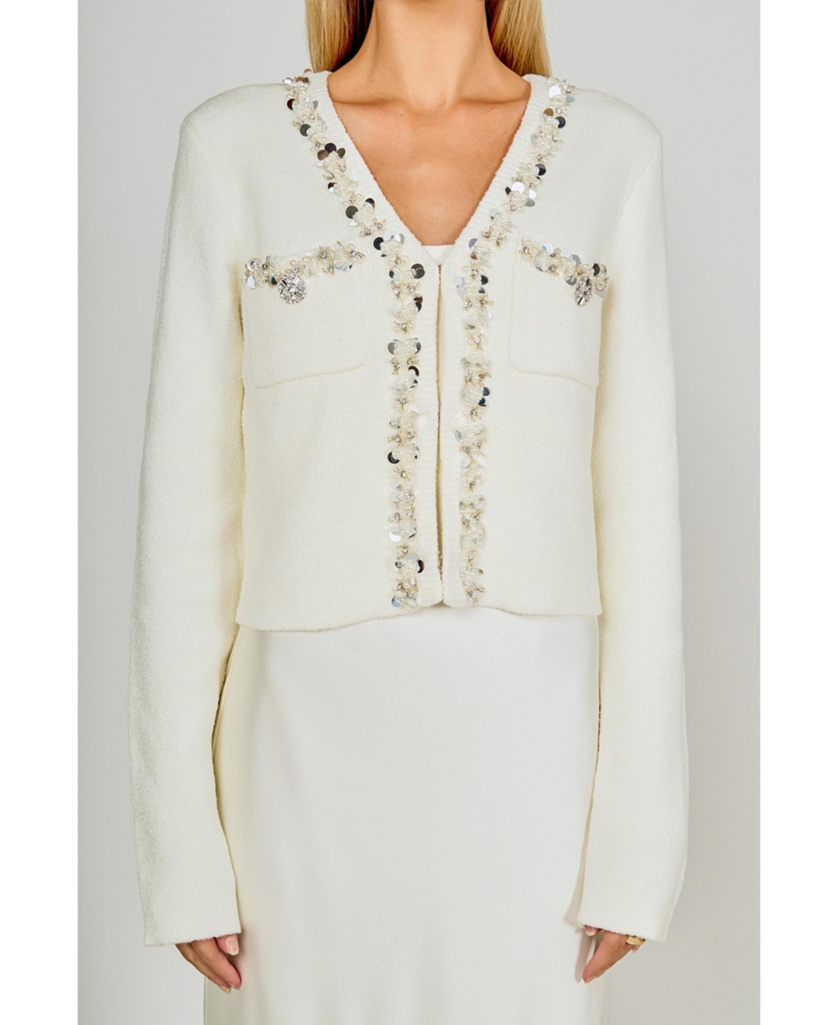 endless rose Women's Boucle Knit Jewel Trim Cardigan