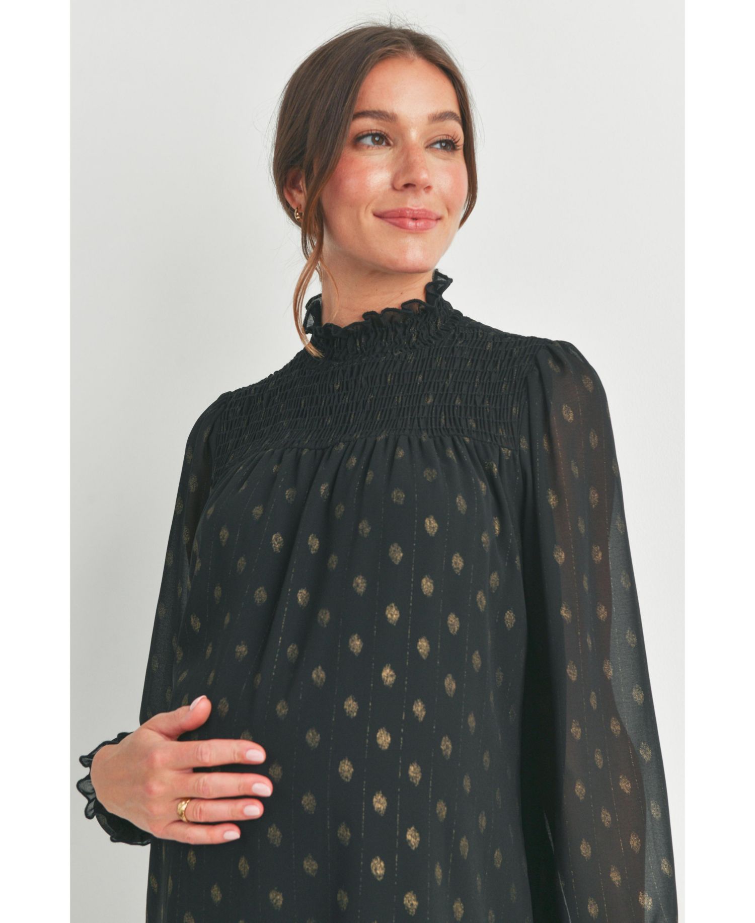 Maternity Long Sleeve Mock Neck Polka Dot Smocked Blouse