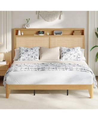 Rattan Bed Frame with Natural Rattan Headboard, Bohemian Platform Bed with LED