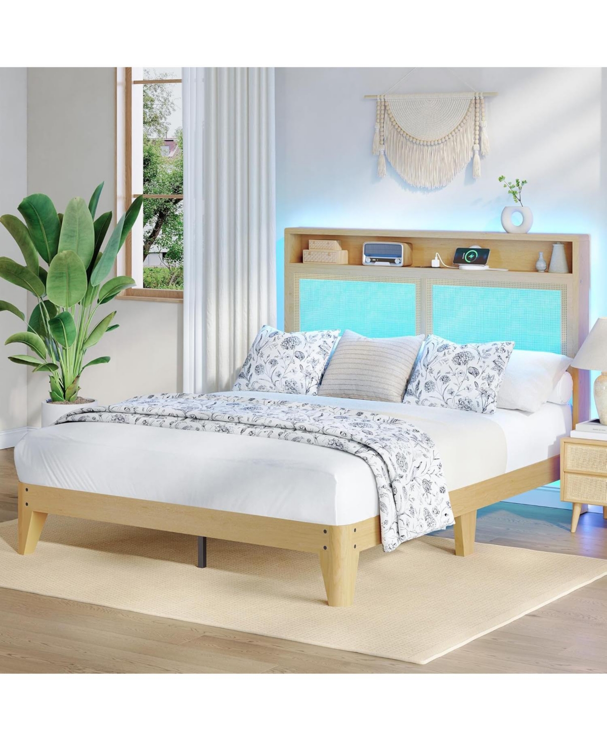 gaomon Rattan Bed Frame with Natural Rattan Headboard, Bohemian Platform Bed with Led
