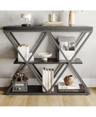 Industrial 3-Tier Entryway Table with X-Shaped Metal- Warm Rustic Vintage Wood Tone, Double X Metal Frames with 2 Shelves