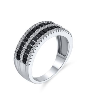 Two Tone CZ Black & White 1/2 Eternity Band Ring Sterling Silver