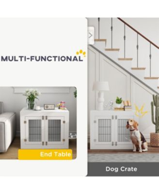 Dog Crate Furniture with 360° Rotatable Removable Dog Bowls in White