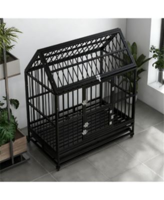 Dog Crate with 4 Lockable Wheels, Double Doors, and Removable Tray in Black