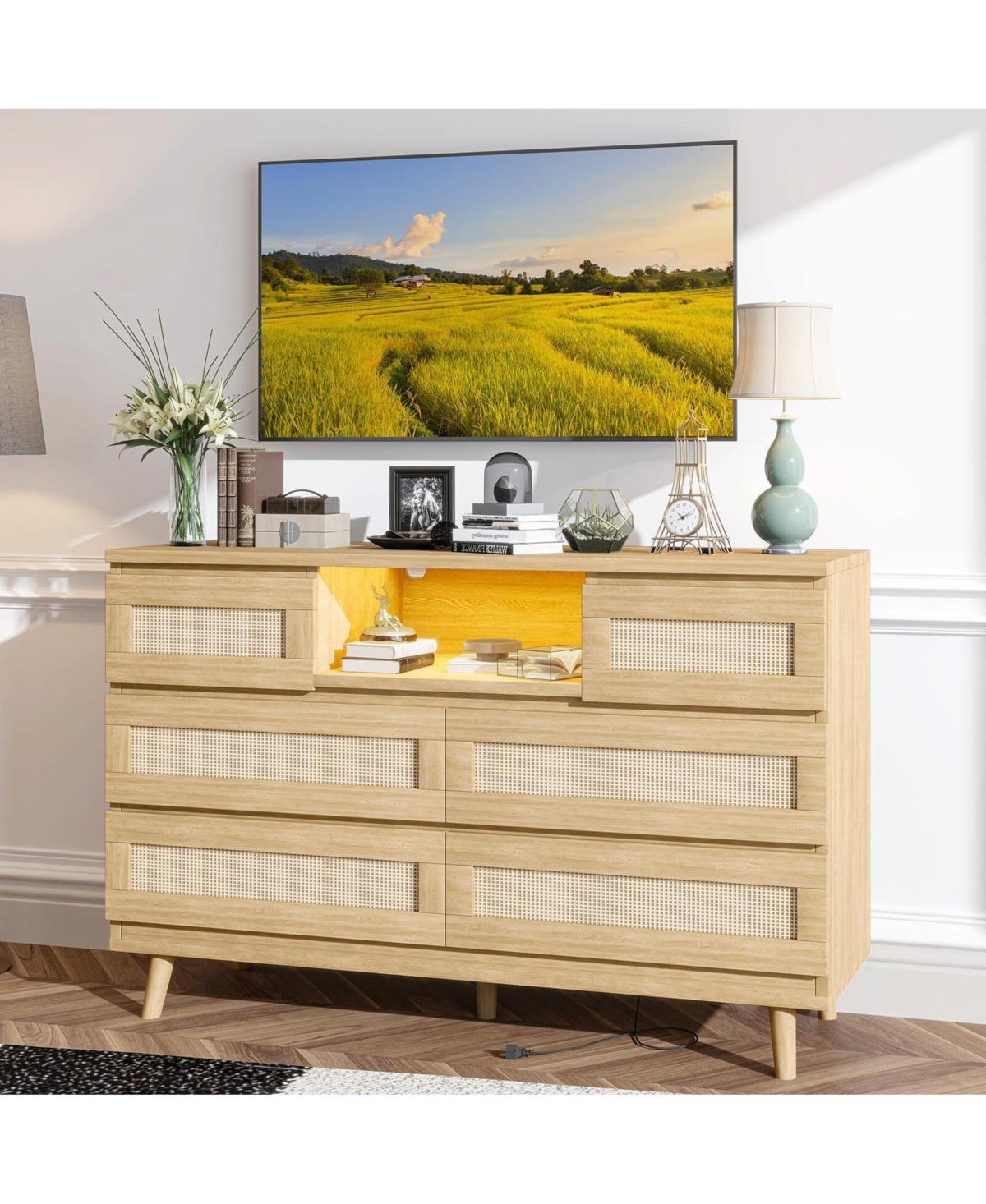Gaomon Rattan Dresser for Bedroom, 47" Wide Chest of Dressers with 6 Deep Drawers