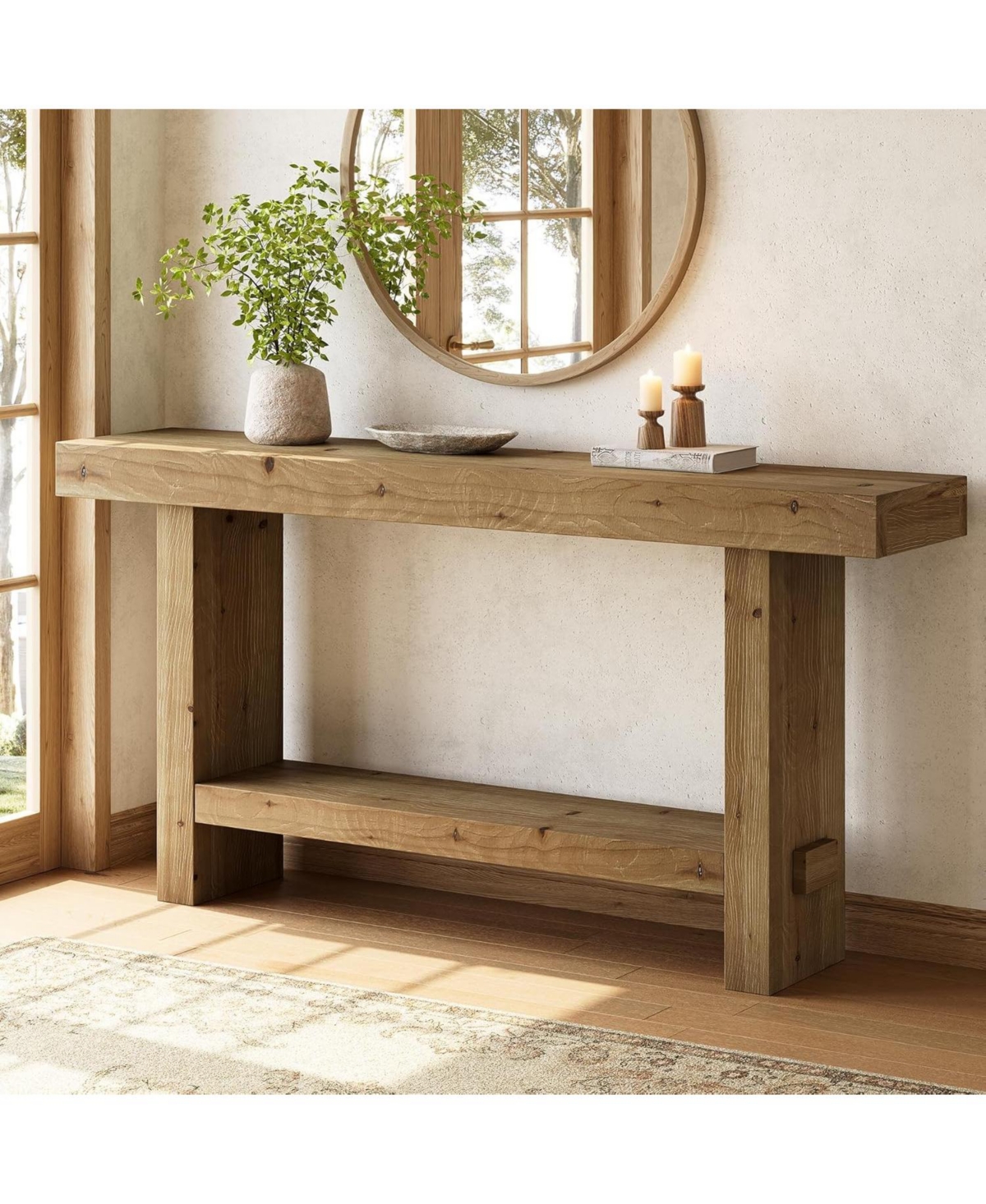 Tribesigns 63-Inch Solid Wood Console Table, 2-Tier Narrow Farmhouse Entryway Table for Hallway, Entrance, Living Room, Behind The Couch,Brown