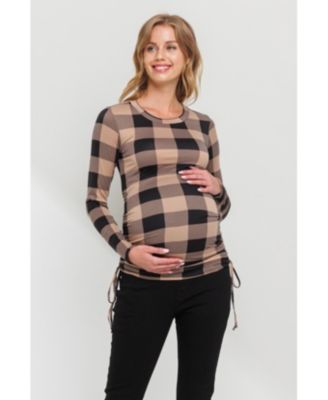 Maternity Plaid Side Ruched Long Sleeve Top