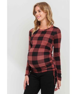 Maternity Plaid Side Ruched Long Sleeve Top