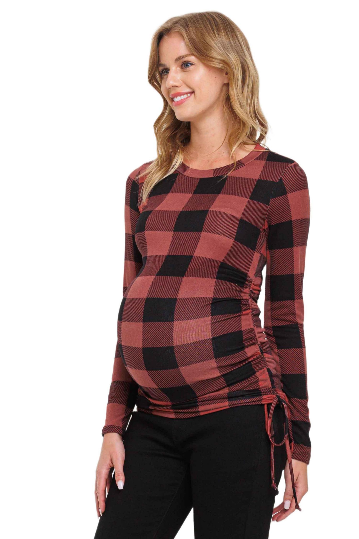 Maternity Plaid Side Ruched Long Sleeve Top