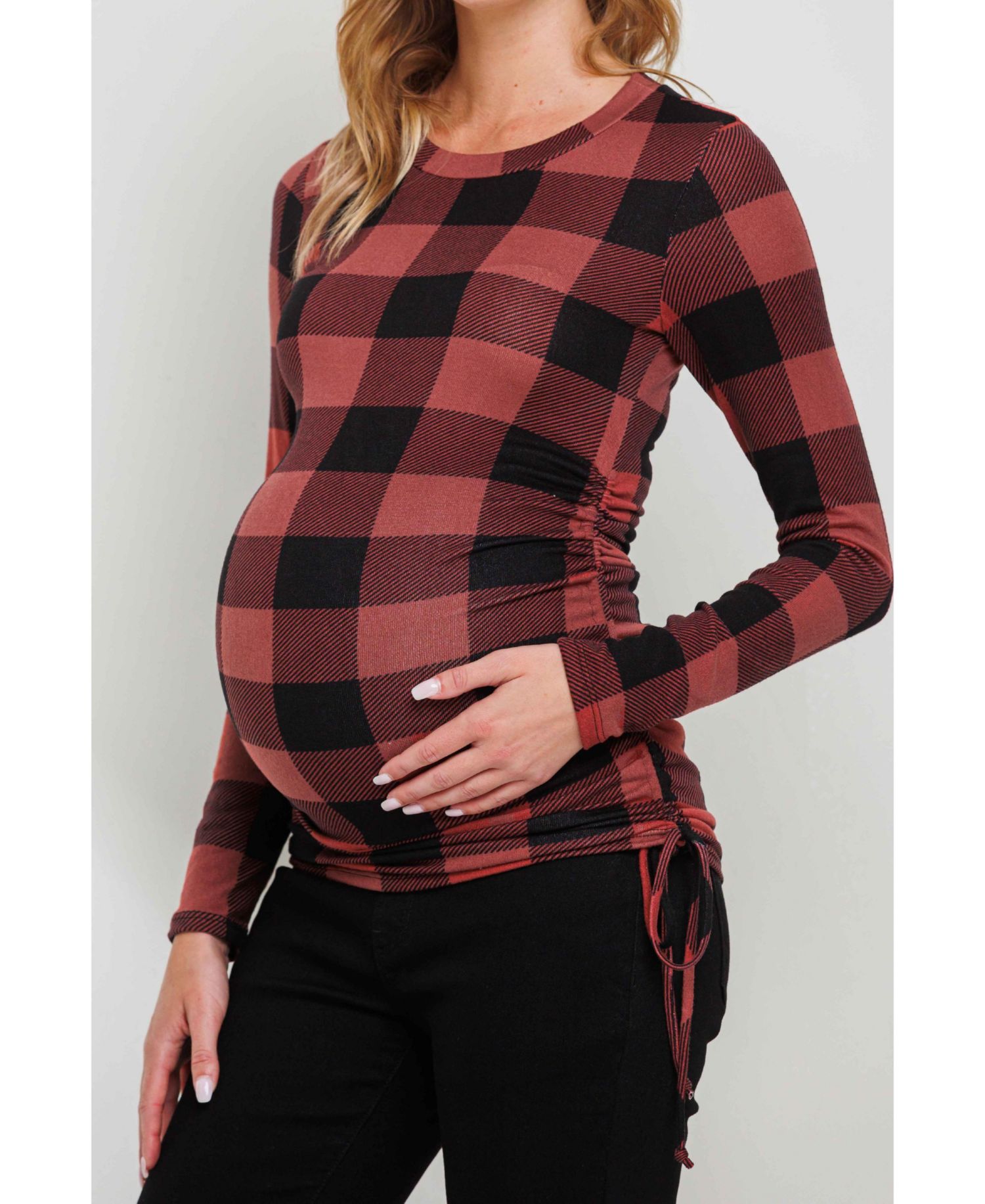 Maternity Plaid Side Ruched Long Sleeve Top