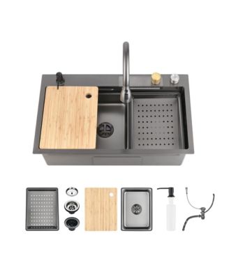 30x18inch Black Waterfall Kitchen Sink Stainless Steel Single Bowl Workstation with Cutting Board