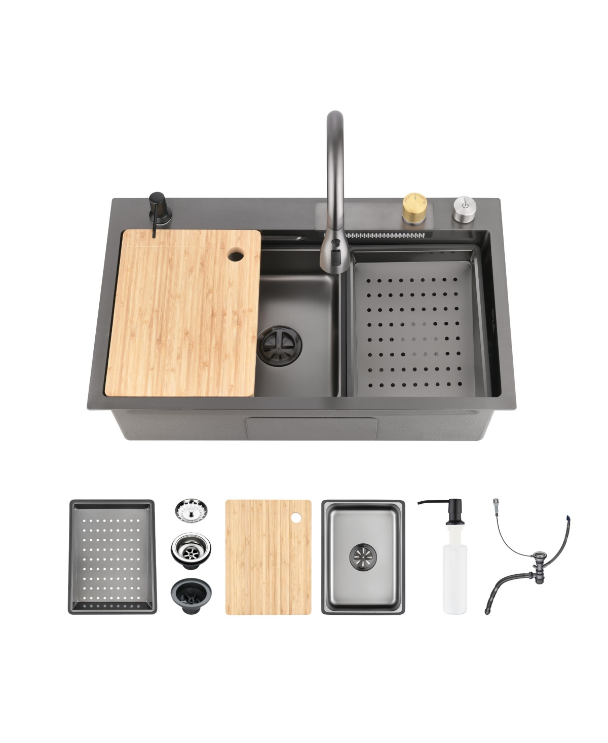 flynama 30x18inch Black Waterfall Kitchen Sink Stainless Steel Single Bowl Workstation with Cutting Board