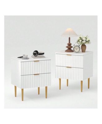 Modern Nightstand With 2 Drawers Golden And Wood Fluted Night Stand With Charging Station Bedside Table With USB Ports