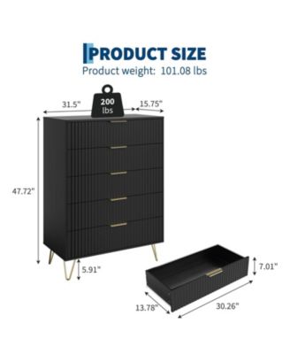 Fluted Dresser for Bedroom with 5 Drawers,32" Wide Modern Chest of Wooden Drawers