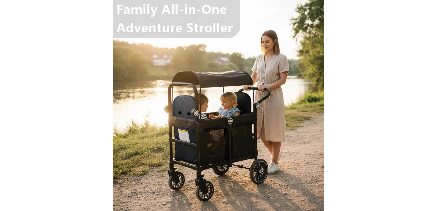 Baby All-Terrain Wagon Stroller for Two with Canopy, Snack Tray and Shock-Absorbing Wheels