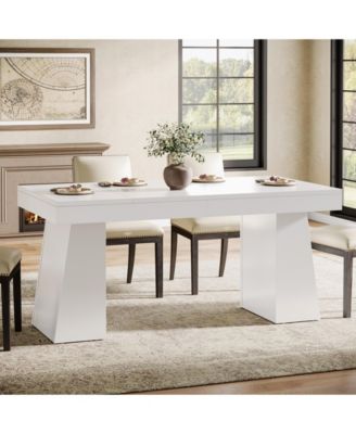 Dining Room Table for 4-6, 55-Inch Mid-Century Modern Dining Table with Double Pedstral, Rectangular Wood Kitchen Dinner Table