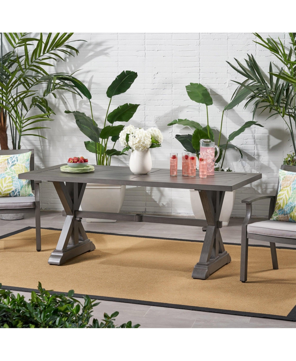 Mondawe Outdoor Aluminum Dining Table, Slatted Top Rectangular Patio Table with Umbrella Hole for Backyard, Garden, Deck