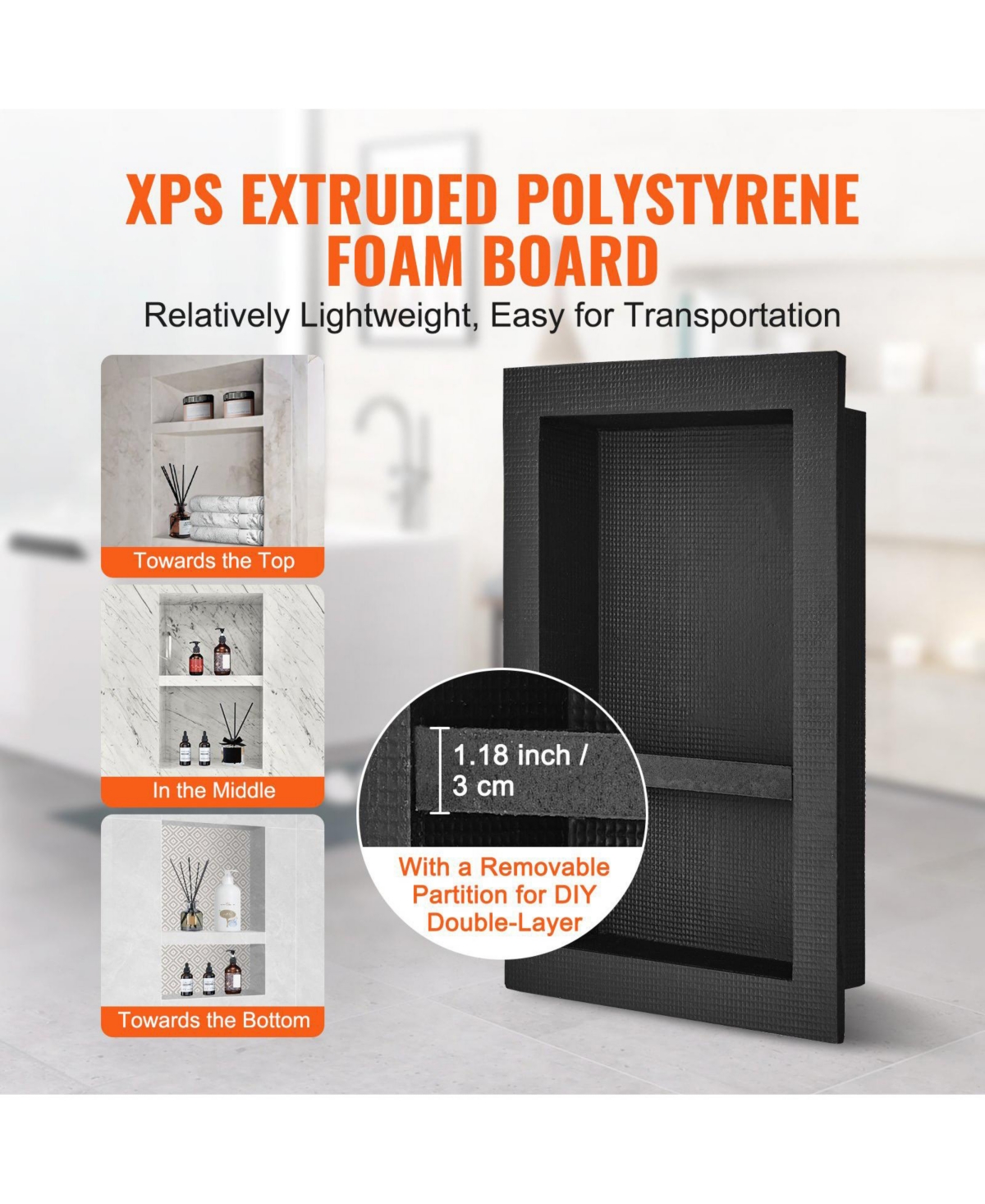 Volenca Shower Niche, Ready for Tile, 16" x 24", Double Shelf, Recessed Wall Insert, Sealed Waterproof, Square Corners, Black