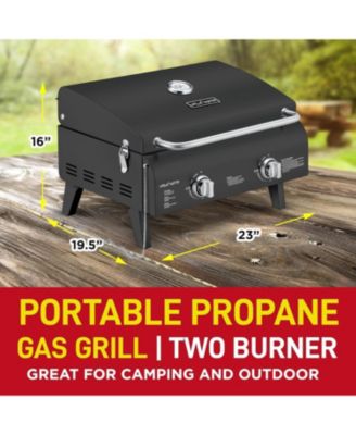 Portable 2-Burner Propane Gas Grill, Stainless Steel Tabletop BBQ with Foldable Legs, Wind-Resistant Lid, Easy-Clean, Camping
