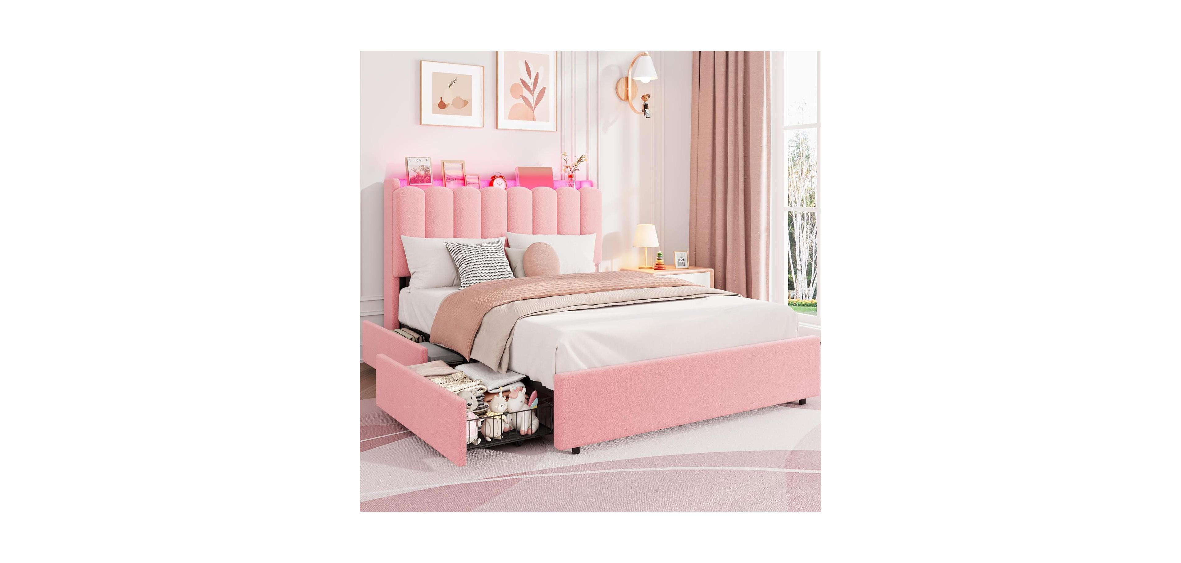 gaomon Led Twin Xl Bed Frame with Storage Headboard, Boucle Upholstered Kids 2 Drawers