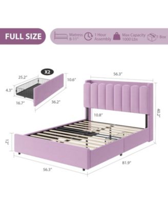LED Twin XL Bed Frame with Storage Headboard, Boucle Upholstered Kids Bed with 2 Drawers, Wavy Bookcase Headboard - Full