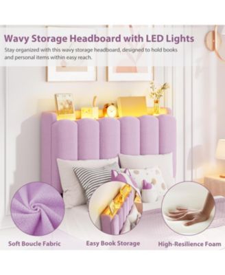 LED Twin XL Bed Frame with Storage Headboard, Boucle Upholstered Kids Bed with 2 Drawers, Wavy Bookcase Headboard