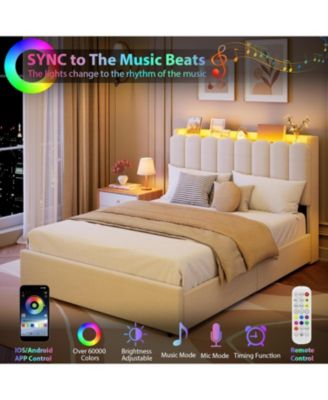 LED Twin XL Bed Frame with Storage Headboard, Boucle Upholstered Kids Bed with 2 Drawers, Wavy Bookcase Headboard - Full