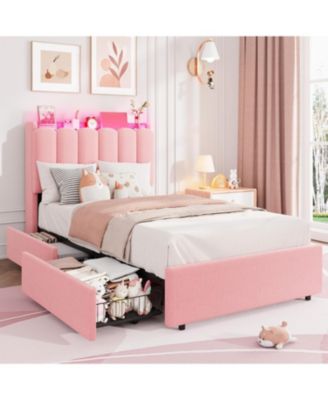 LED Twin XL Bed Frame with Storage Headboard, Boucle Upholstered Kids Bed with 2 Drawers, Wavy Bookcase Headboard