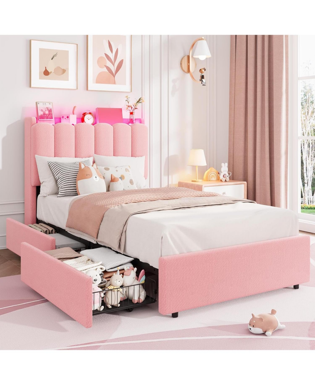 gaomon Led Twin Xl Bed Frame with Storage Headboard, Boucle Upholstered Kids Bed with 2 Drawers