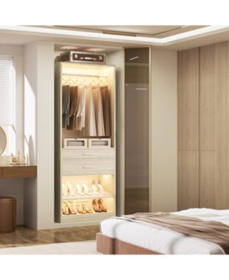Closet Organizer with Wood Drawers and Shoe Rack, Freestanding Closet System with Hanging Rods