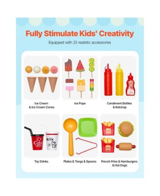 Ice Cream Cart for Kids, 20+ PCS Ice Cream Truck Wooden Playset, Pretend Play Stand with Steering Wheel & Chalkboard