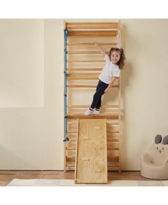 Swedish Ladder Wall Gym, 5-in-1 Indoor Climbing Set w/ Pull-Up Bar, Rings, Rope Ladder & Slide Board