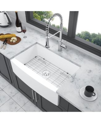 30x21x10 Inch White Farmhouse Kitchen Sink Ceramic Porcelain Arch Edge Apron Front Single Bowl With Drain Assembly Dish Grid