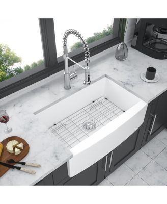 30x21x10 Inch White Farmhouse Kitchen Sink Ceramic Porcelain Arch Edge Apron Front Single Bowl With Drain Assembly Dish Grid